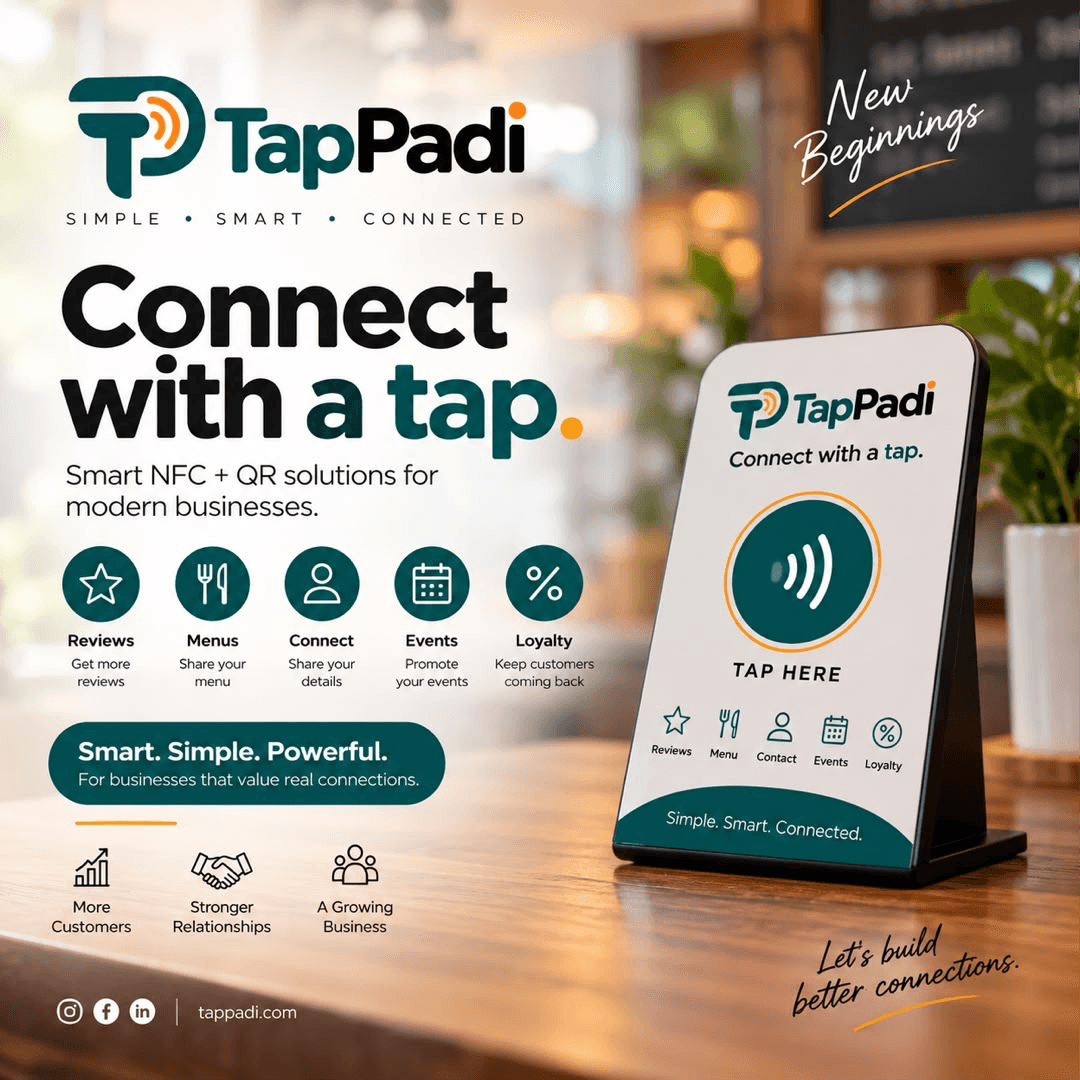 TapPadi stand on a counter — 'Connect with a tap.' Smart NFC + QR solutions for modern businesses.